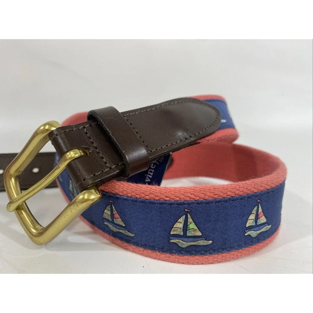 Mens Vineyard Vines Golf Belt Pink Blue Embroidered Sailboats Beach 32